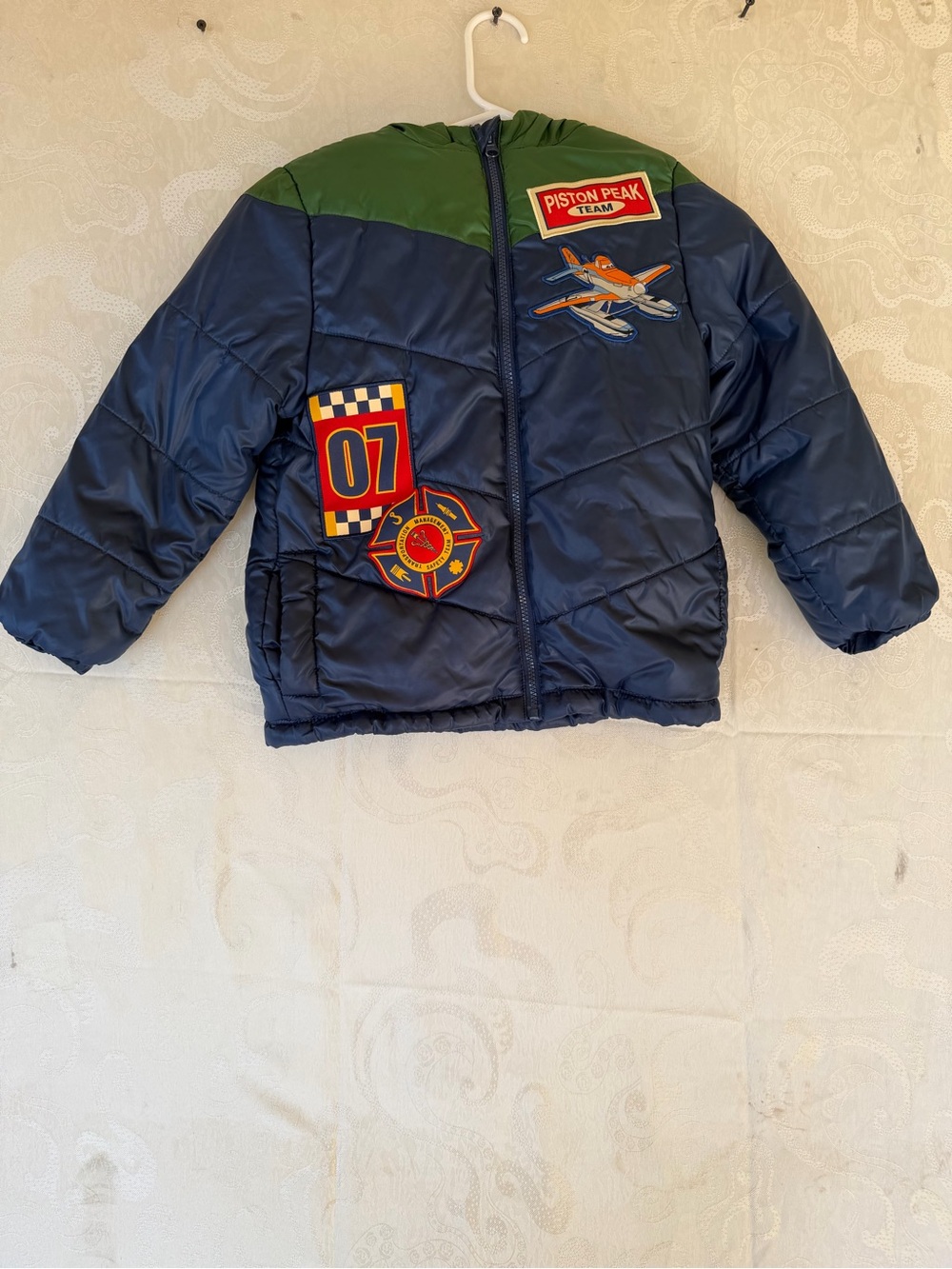 Kids Navy & Green Puffer Jacket with Plane Patch